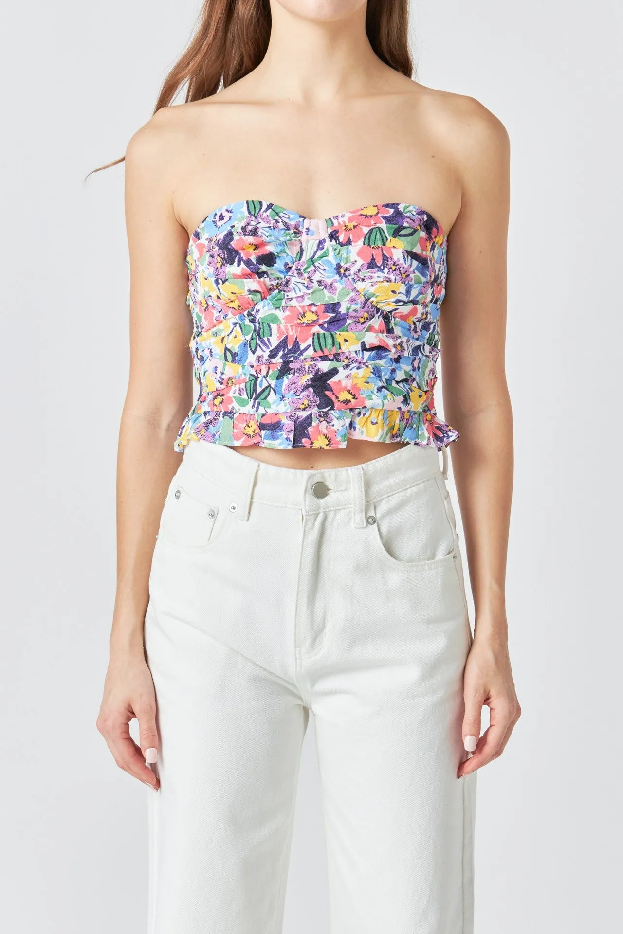 Floral Ruched Strapless Top Summer Festival Tee