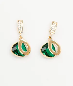 Gold & Emerald Green Rhinestone Drop Earrings Everyday Chic