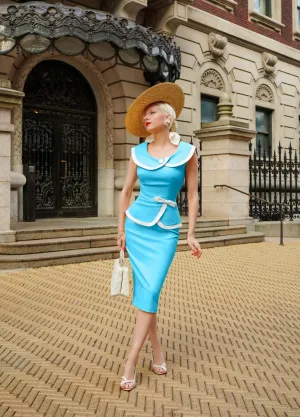 Heart My Closet 1950s Sky Blue & White Doris Suit & Pencil Skirt Casual Everyday Look