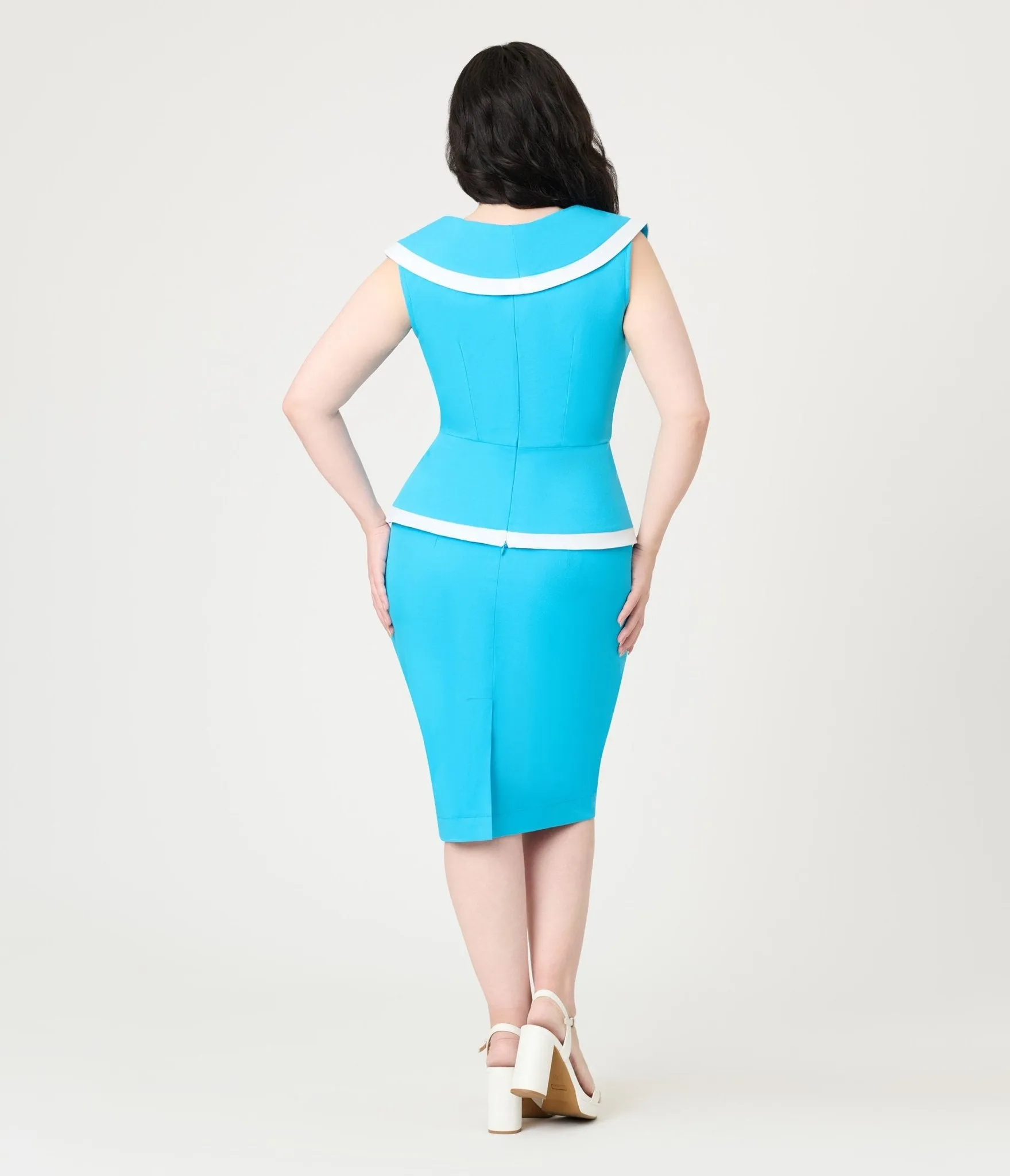 Heart My Closet 1950s Sky Blue & White Doris Suit & Pencil Skirt Casual Everyday Look