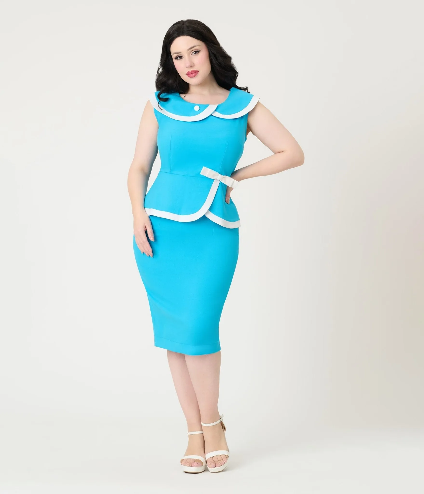Heart My Closet 1950s Sky Blue & White Doris Suit & Pencil Skirt Casual Everyday Look