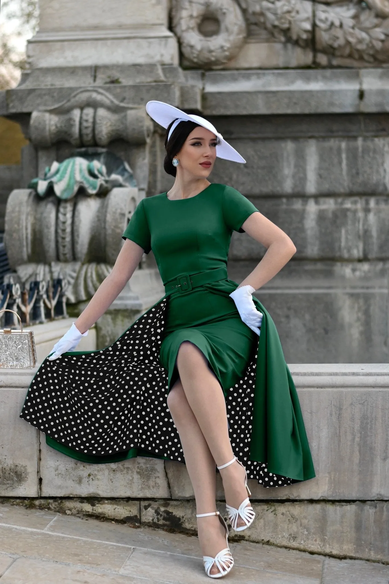 Heart My Closet Emerald Green & Polka Dot Skirt Wrap Pencil Dress Casual Everyday Look