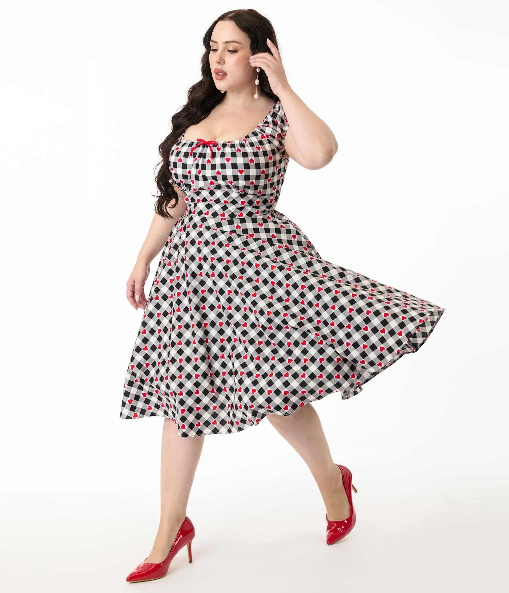 Hell Bunny 1950s Black & White Gingham Hearts Cotton Swing Dress Casual Everyday Look