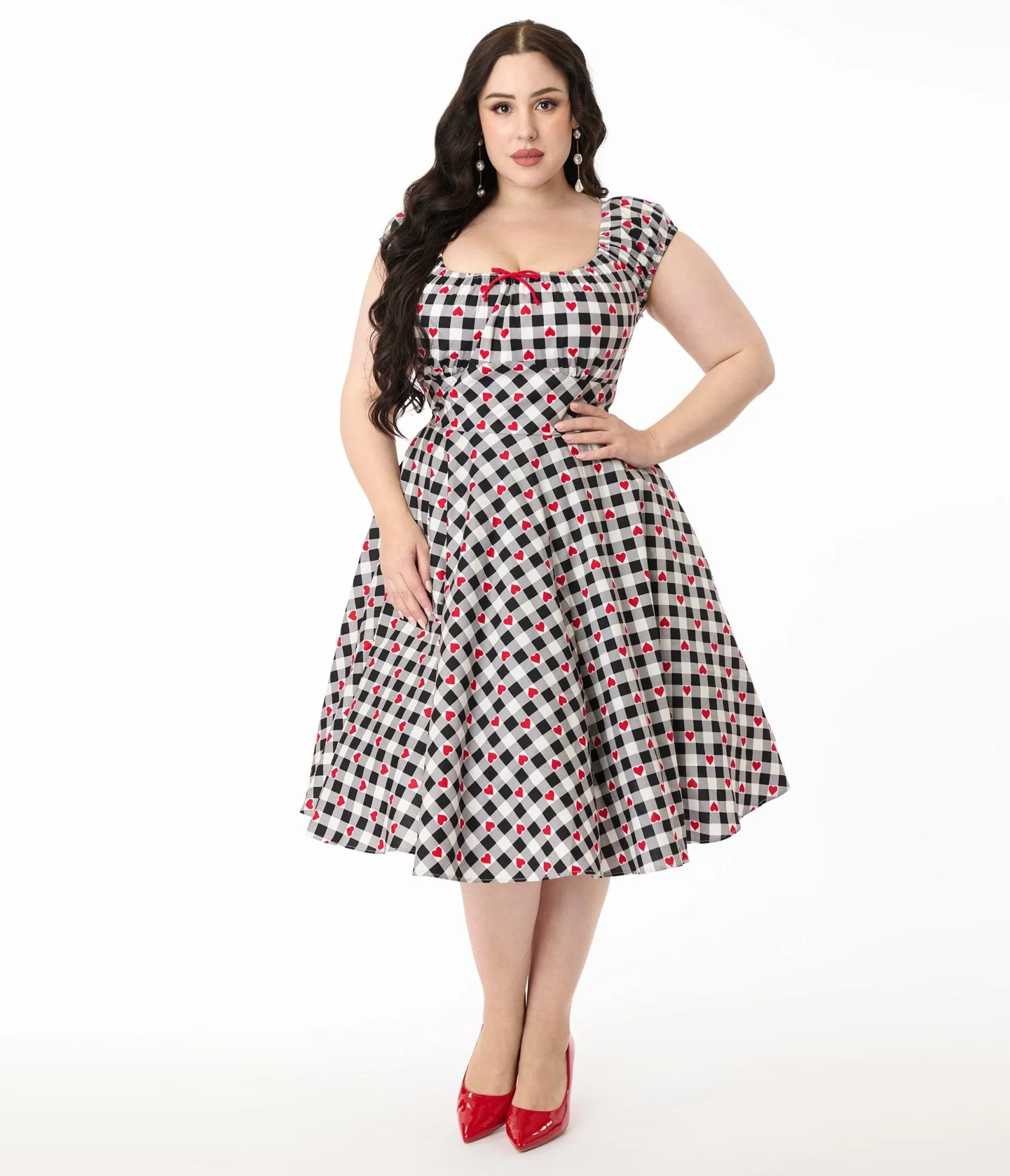 Hell Bunny 1950s Black & White Gingham Hearts Cotton Swing Dress Casual Everyday Look
