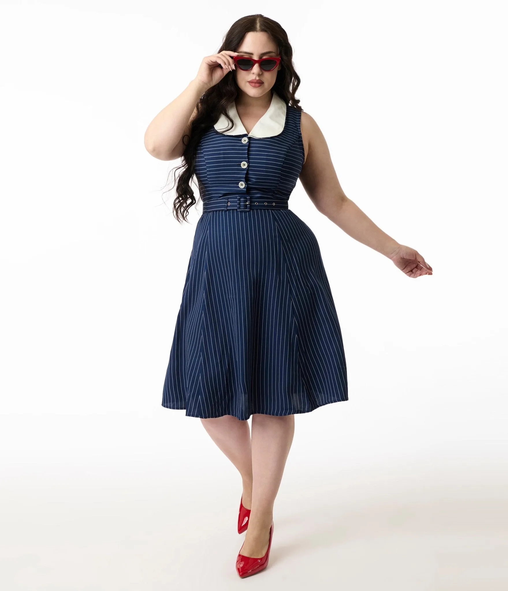 Hell Bunny 1950s Navy & White Pinstripe Sailor Dress Casual Everyday Look