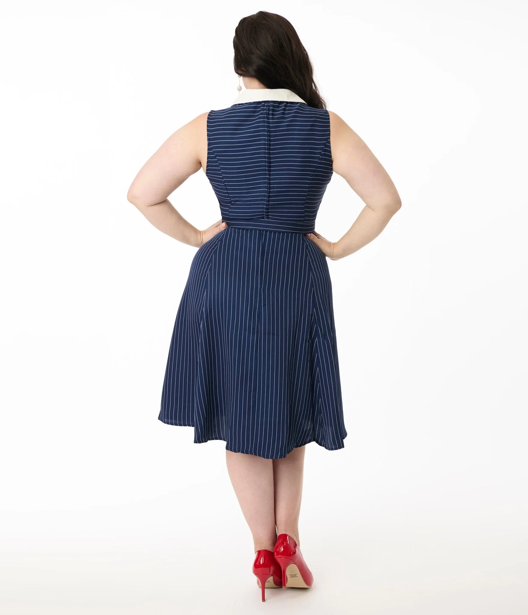 Hell Bunny 1950s Navy & White Pinstripe Sailor Dress Casual Everyday Look