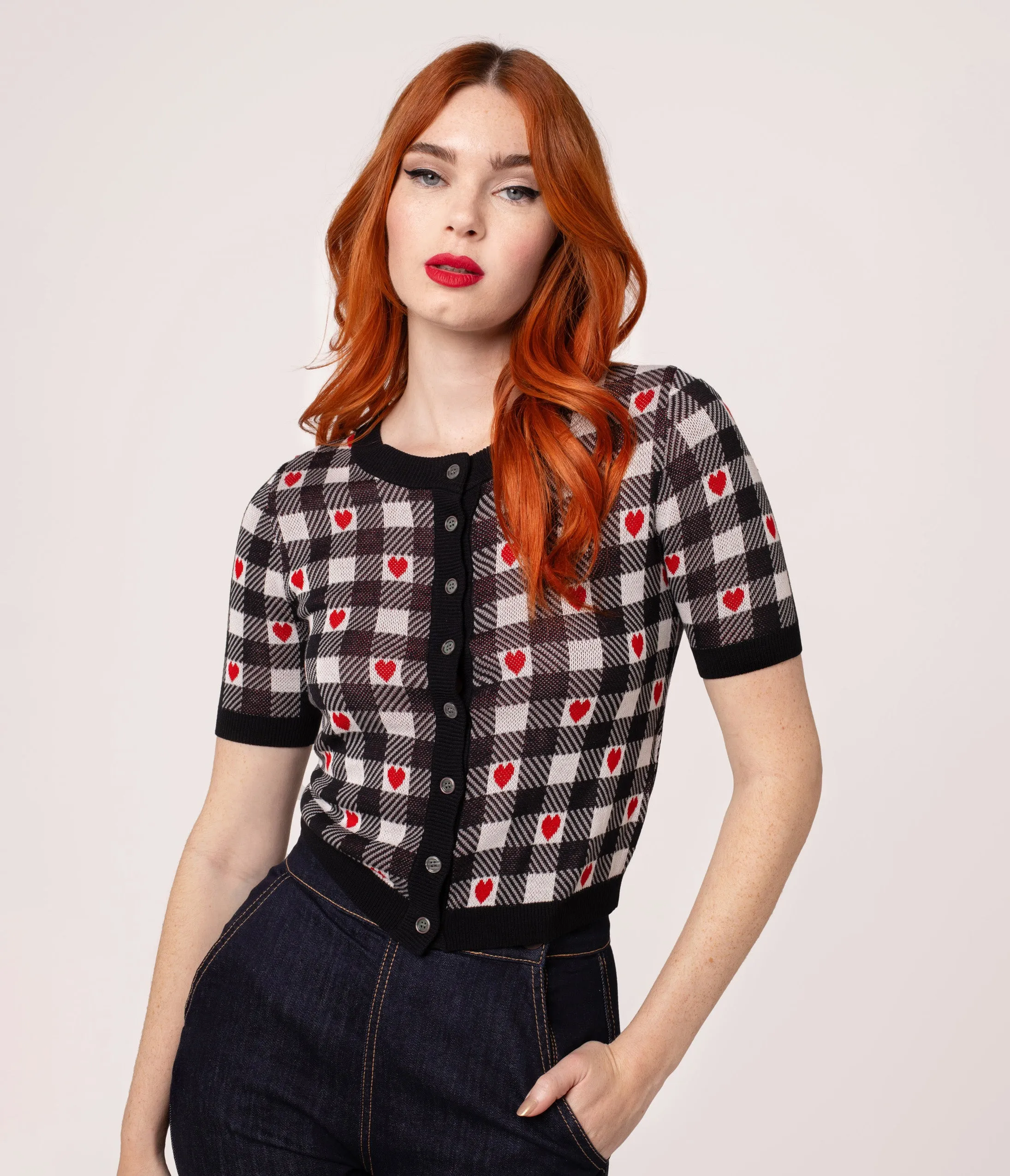 Hell Bunny Black & White Gingham Red Heart Cropped Cardigan Easy Date Night