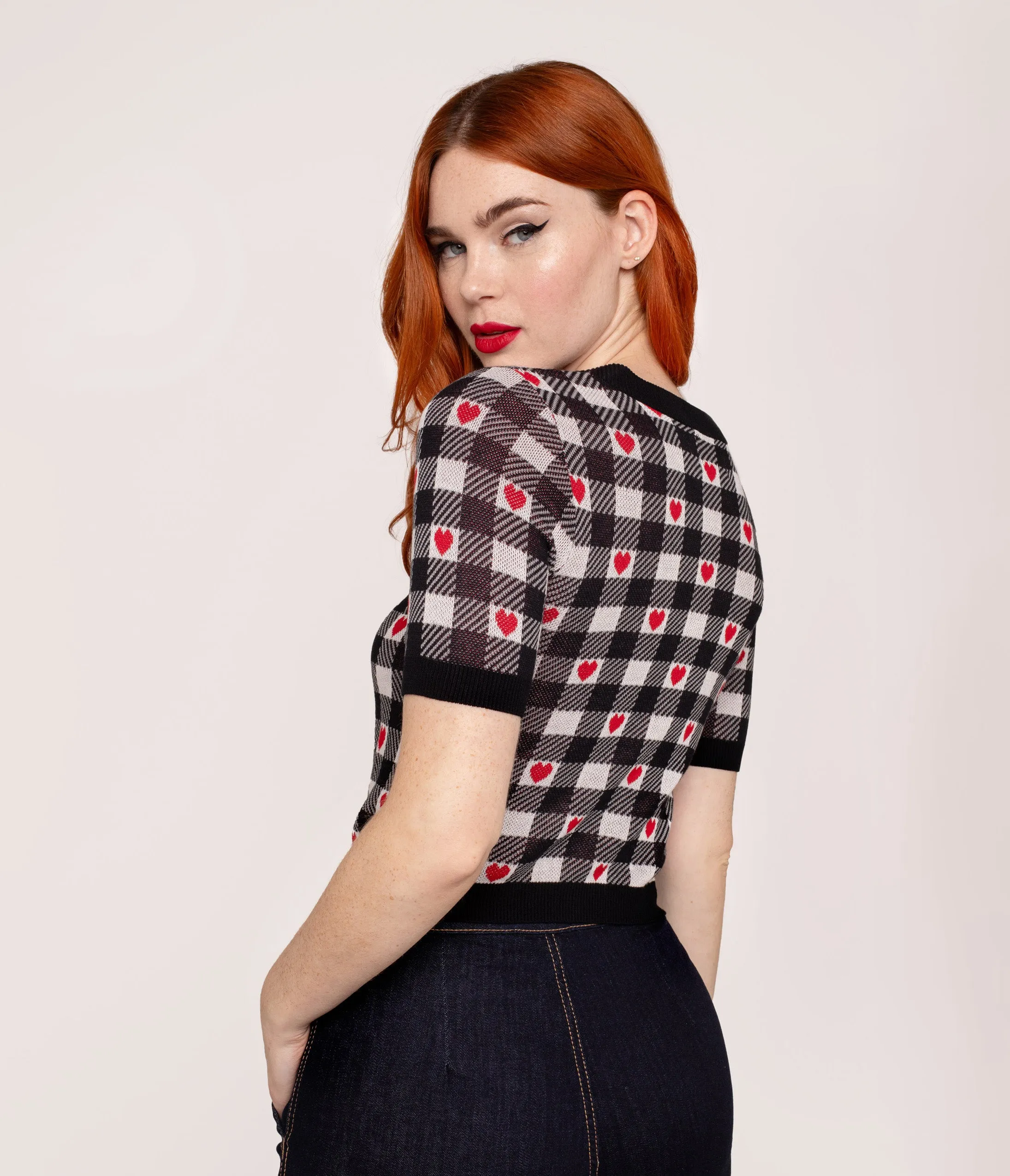 Hell Bunny Black & White Gingham Red Heart Cropped Cardigan Easy Date Night
