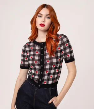 Hell Bunny Black & White Gingham Red Heart Cropped Cardigan Easy Date Night