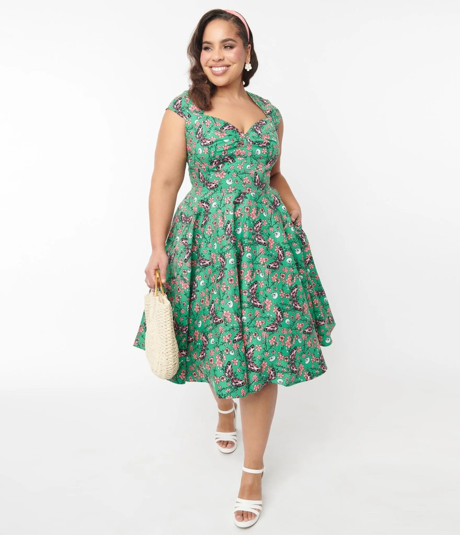 Hell Bunny Green Skull & Moths Floral Madilynn Midi Dress Casual Everyday Look