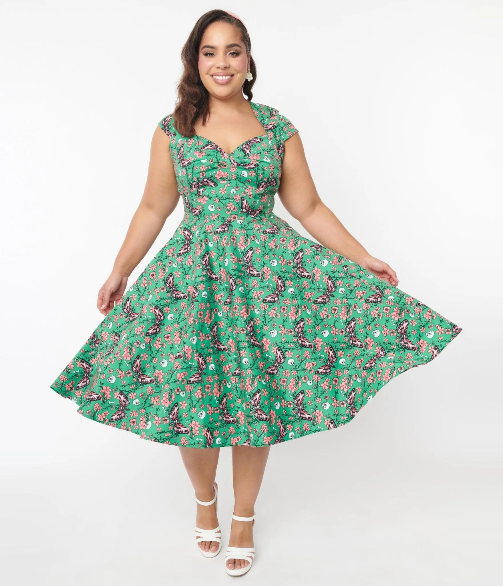 Hell Bunny Green Skull & Moths Floral Madilynn Midi Dress Casual Everyday Look