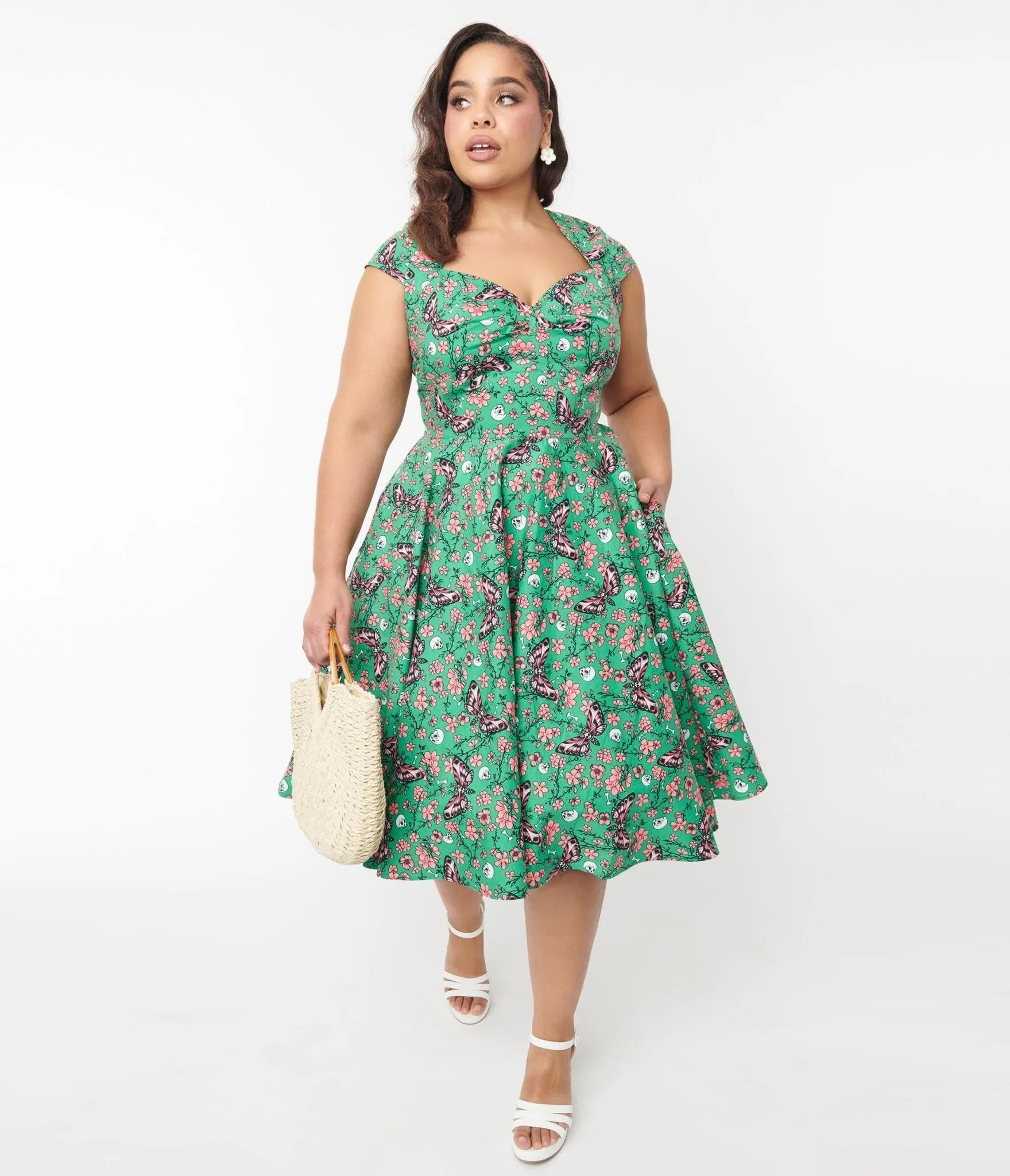 Hell Bunny Green Skull & Moths Floral Madilynn Midi Dress Casual Everyday Look