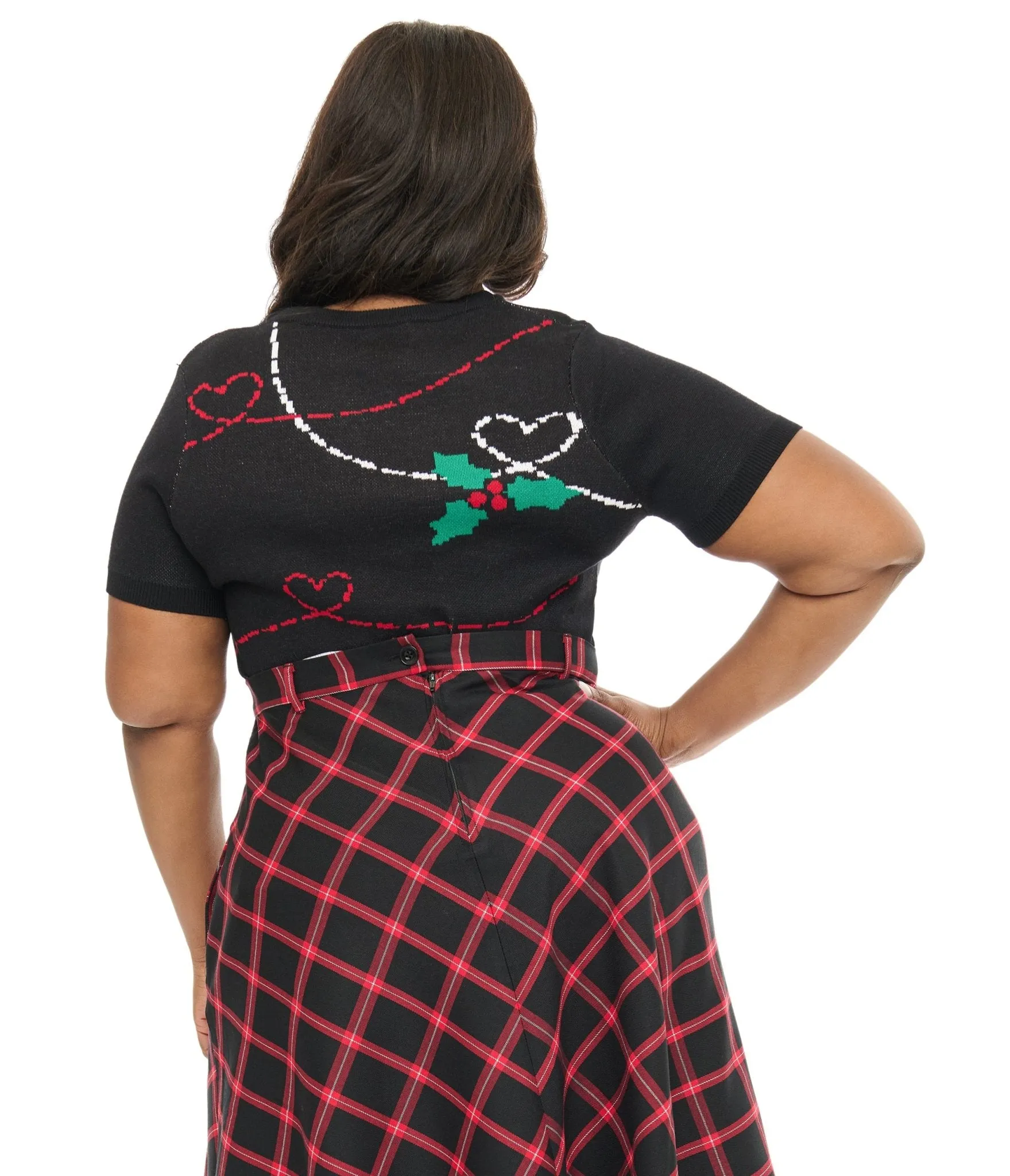 Hell Bunny Plus Size 1950s Festive Hearts & Holly Print Angelica Knit Top Easy Date Night