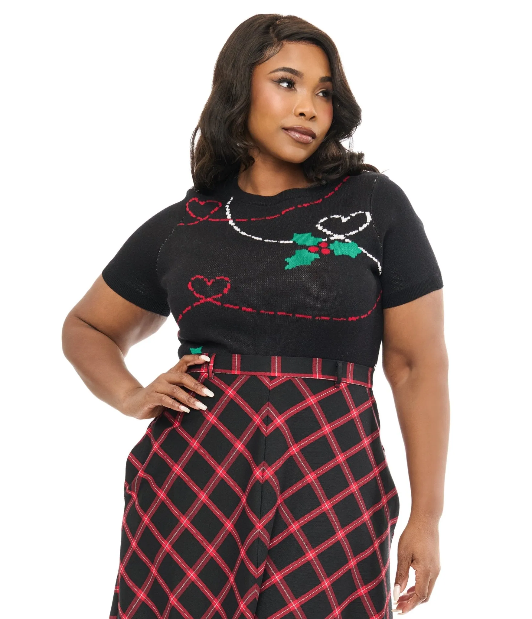 Hell Bunny Plus Size 1950s Festive Hearts & Holly Print Angelica Knit Top Easy Date Night