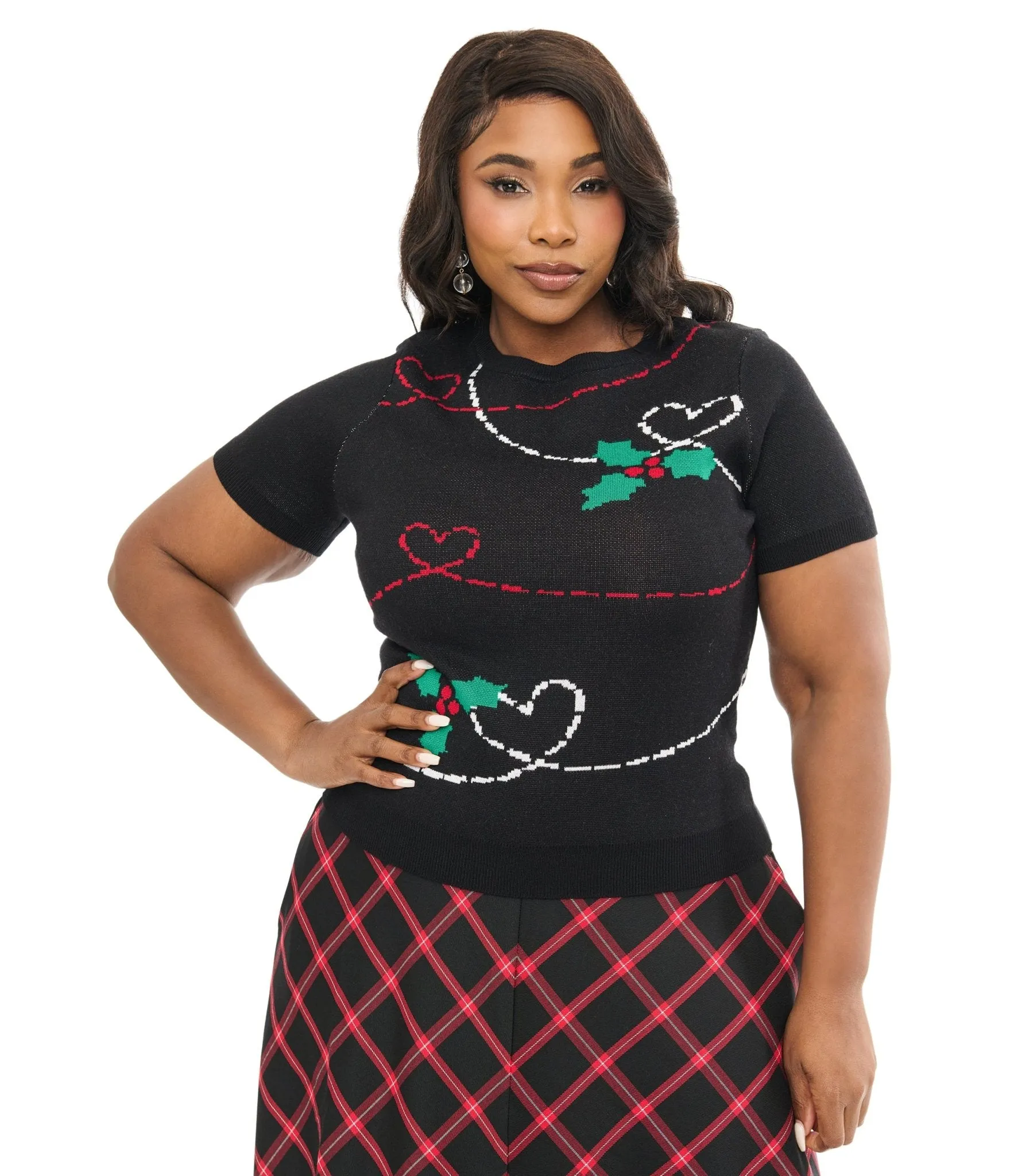 Hell Bunny Plus Size 1950s Festive Hearts & Holly Print Angelica Knit Top Easy Date Night