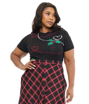 Hell Bunny Plus Size 1950s Festive Hearts & Holly Print Angelica Knit Top Easy Date Night