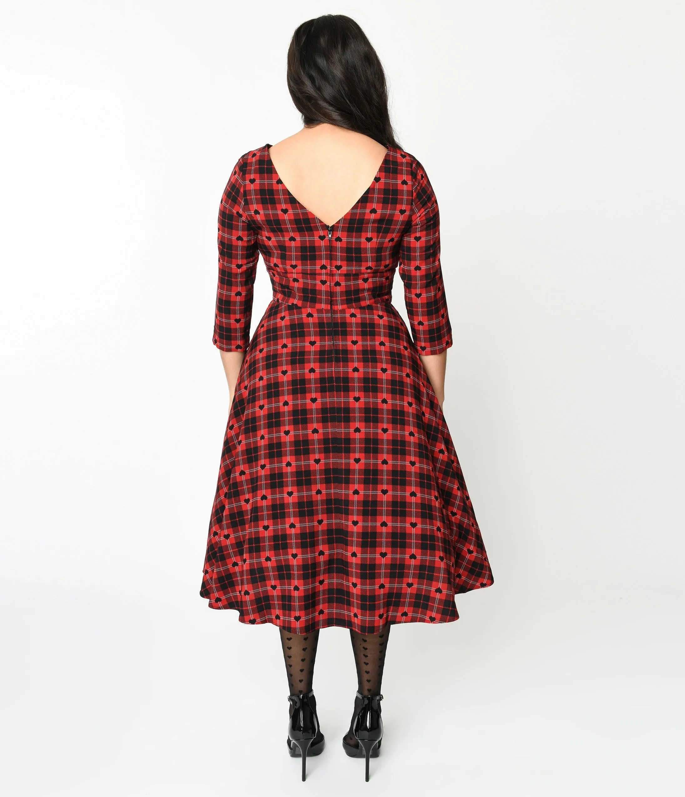 Hell Bunny Red & Black Heart Plaid Date Night Swing Dress Casual Everyday Look