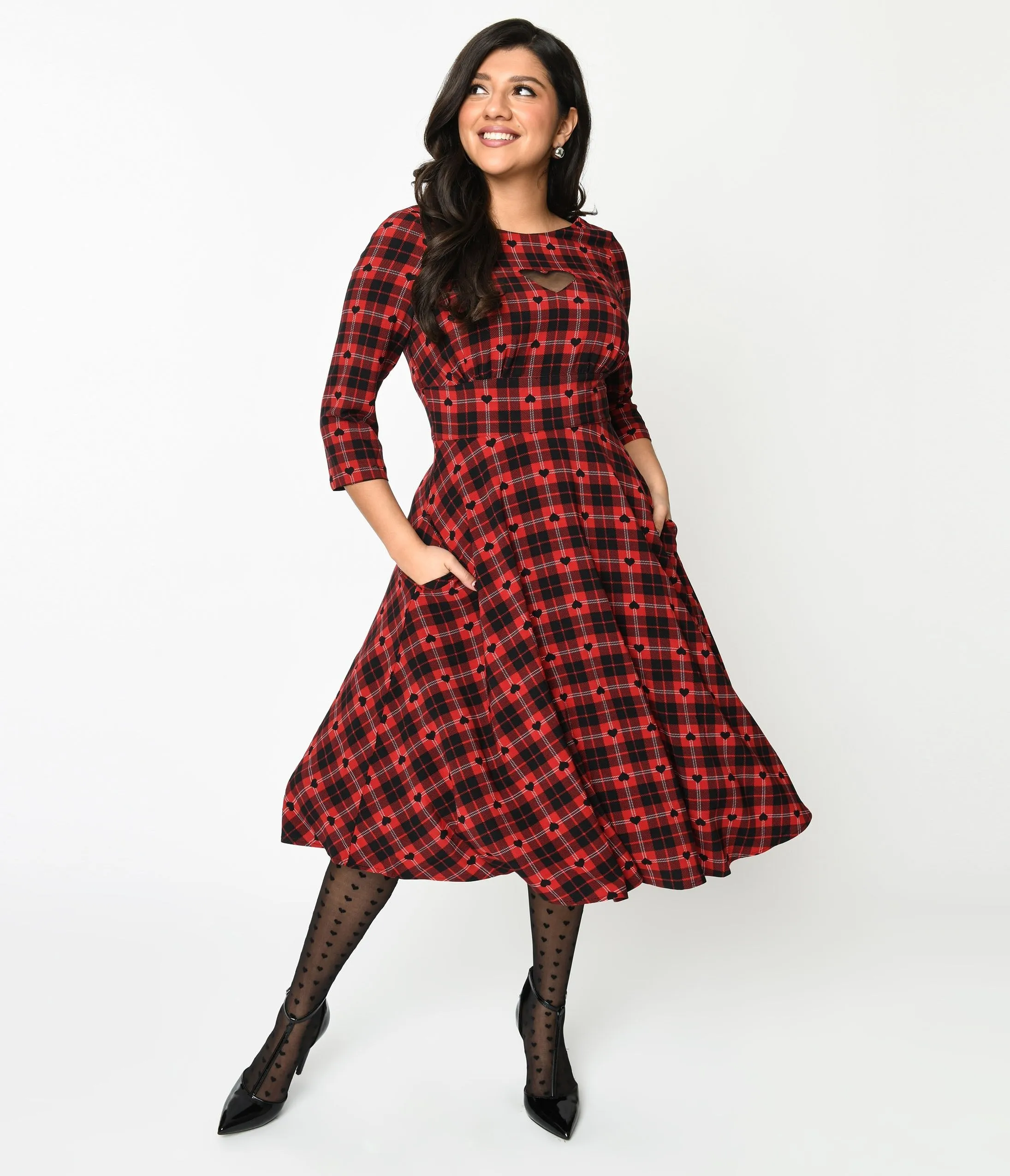 Hell Bunny Red & Black Heart Plaid Date Night Swing Dress Casual Everyday Look