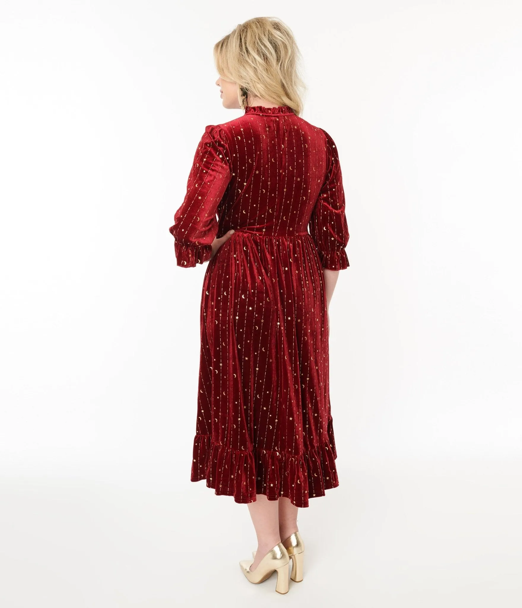 Hell Bunny Red Velvet & Gold Star Midi Dress Casual Everyday Look