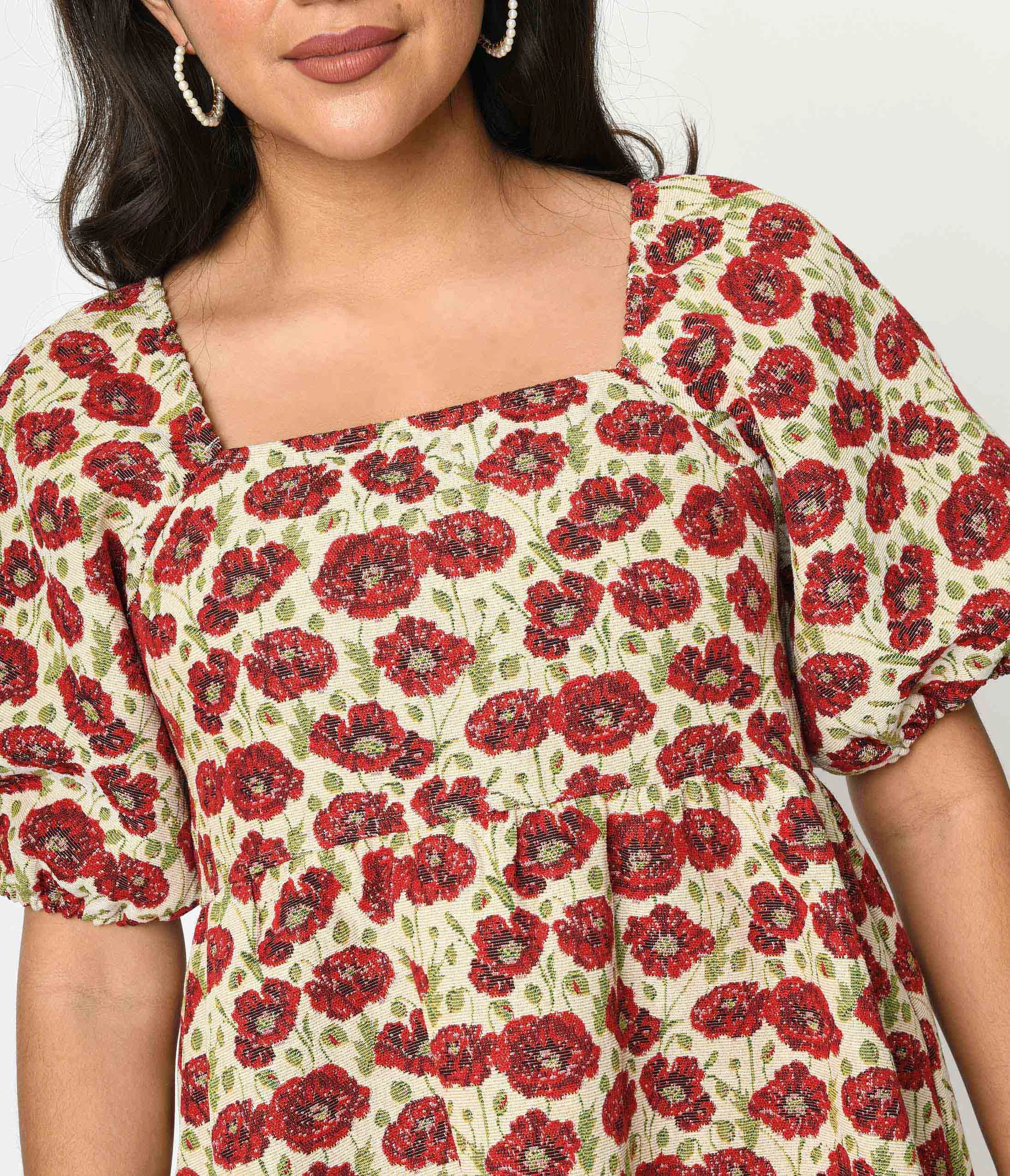 Ivory & Red Floral Kiss Jacquard Fit & Flare Dress Casual Everyday Look