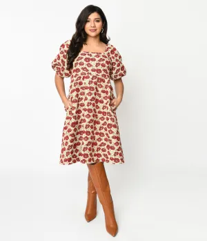 Ivory & Red Floral Kiss Jacquard Fit & Flare Dress Casual Everyday Look
