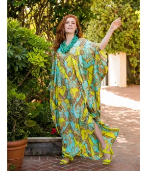 Jennafer Grace Blue & Green Boho Print Caftan Dress Casual Everyday Look