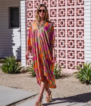 Jennafer Grace Pink & Orange Voglia Rosa Print Caftan Dress Casual Everyday Look