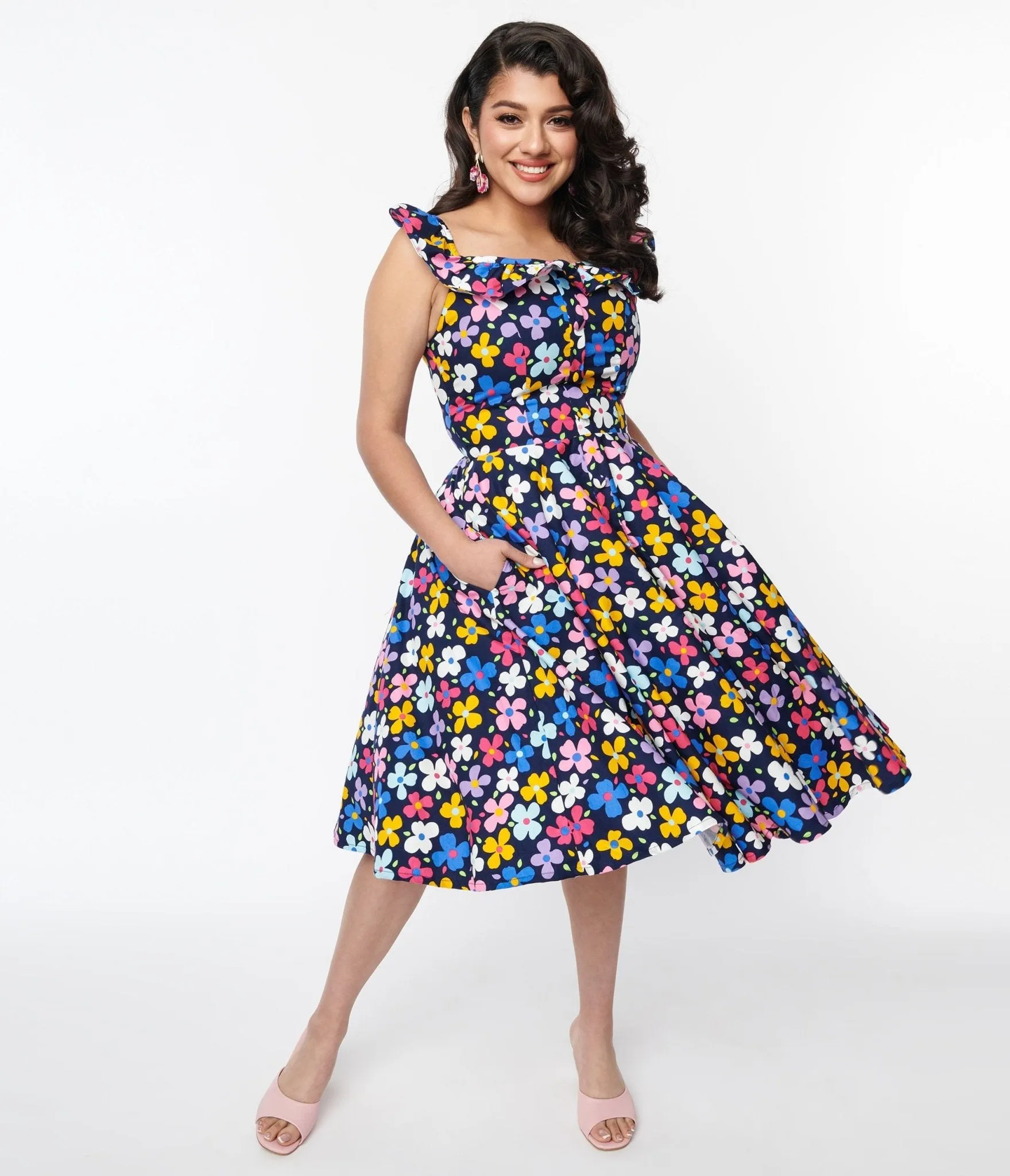 Magnolia Place Navy & Multicolor Floral Barbara Swing Dress Casual Everyday Look