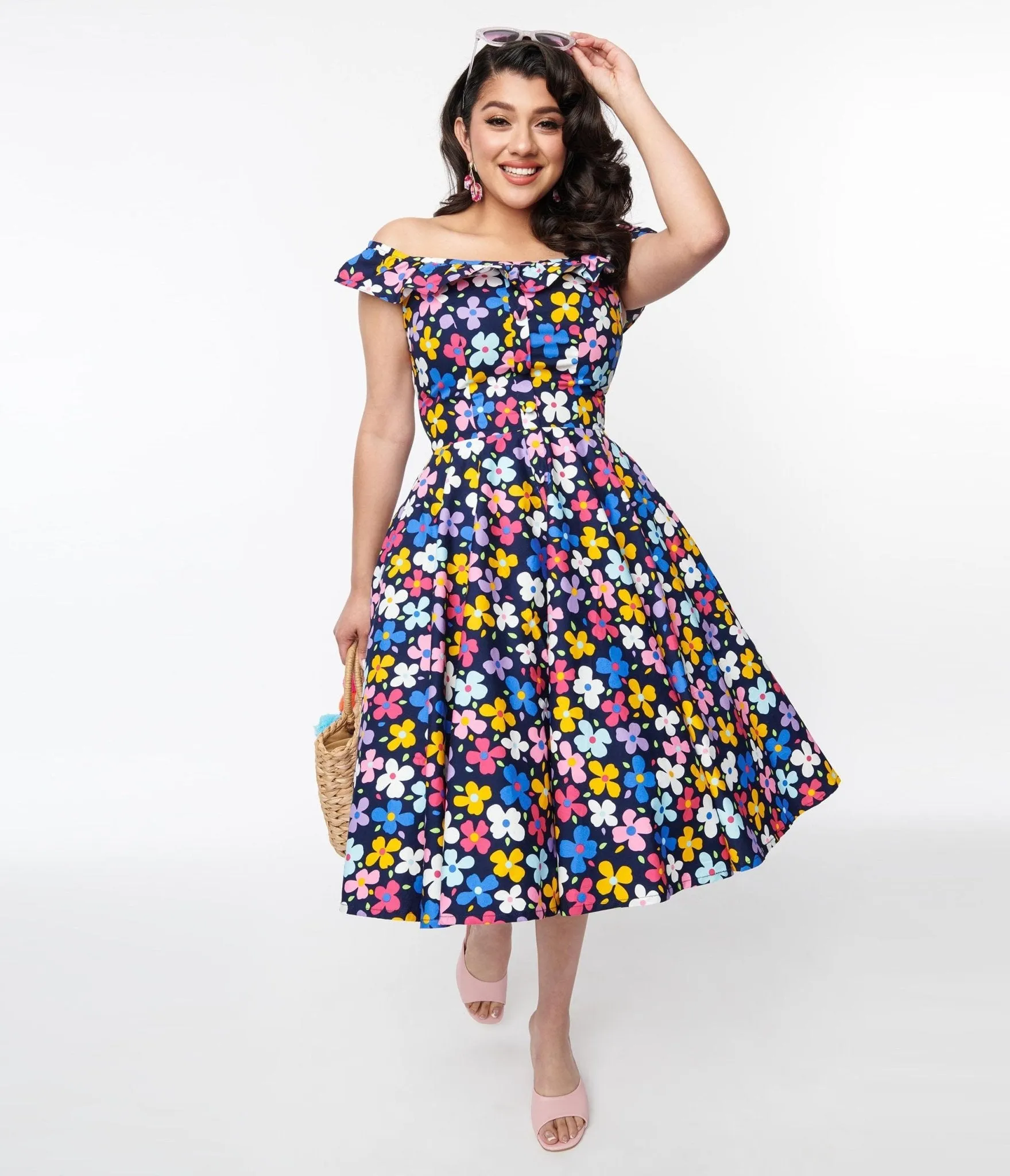 Magnolia Place Navy & Multicolor Floral Barbara Swing Dress Casual Everyday Look