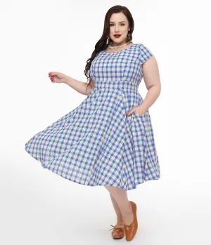 Magnolia Place Plus Size 1950s Blue Floral Gingham Anna Swing Dress Casual Everyday Look