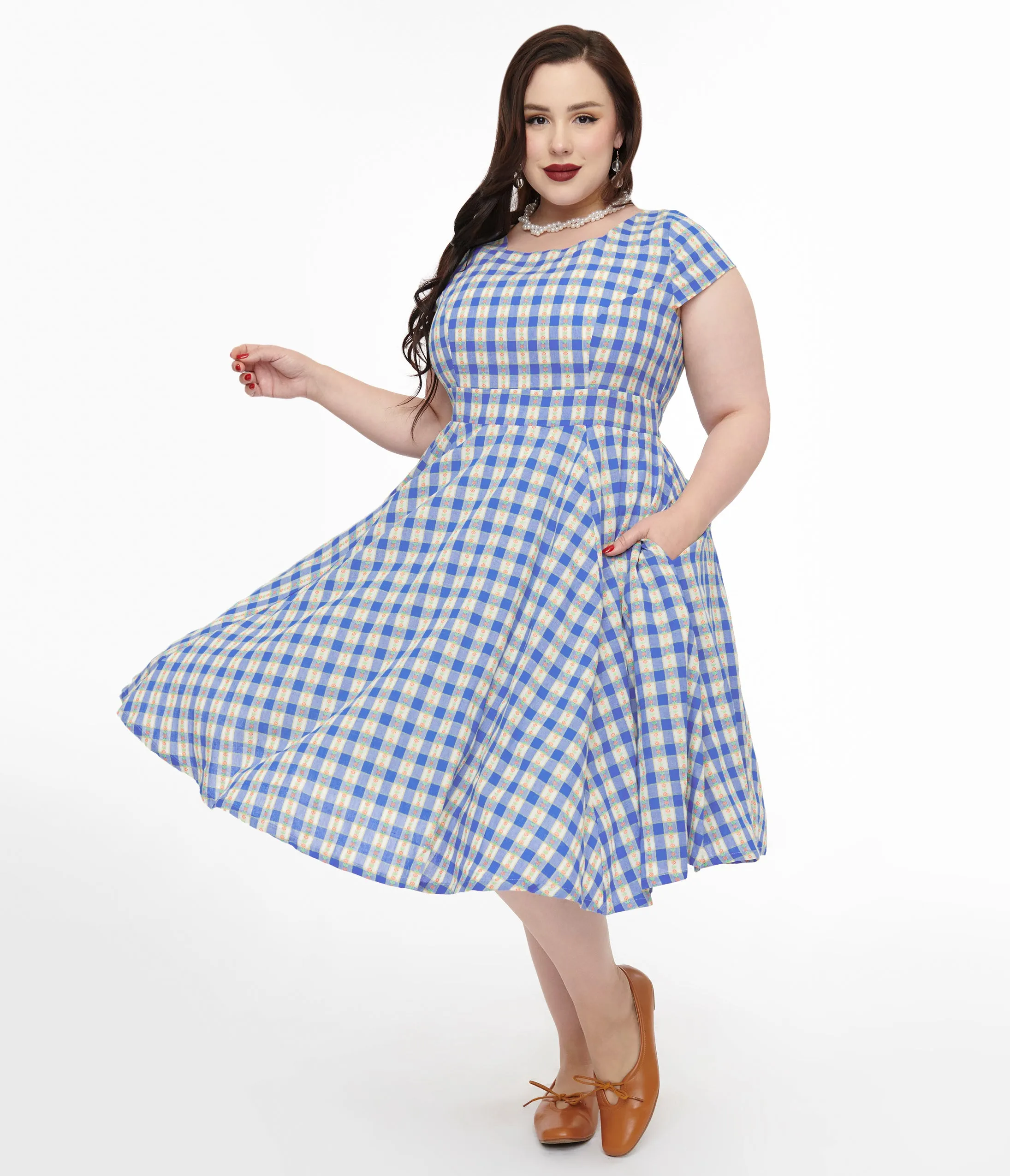 Magnolia Place Plus Size 1950s Blue Floral Gingham Anna Swing Dress Casual Everyday Look