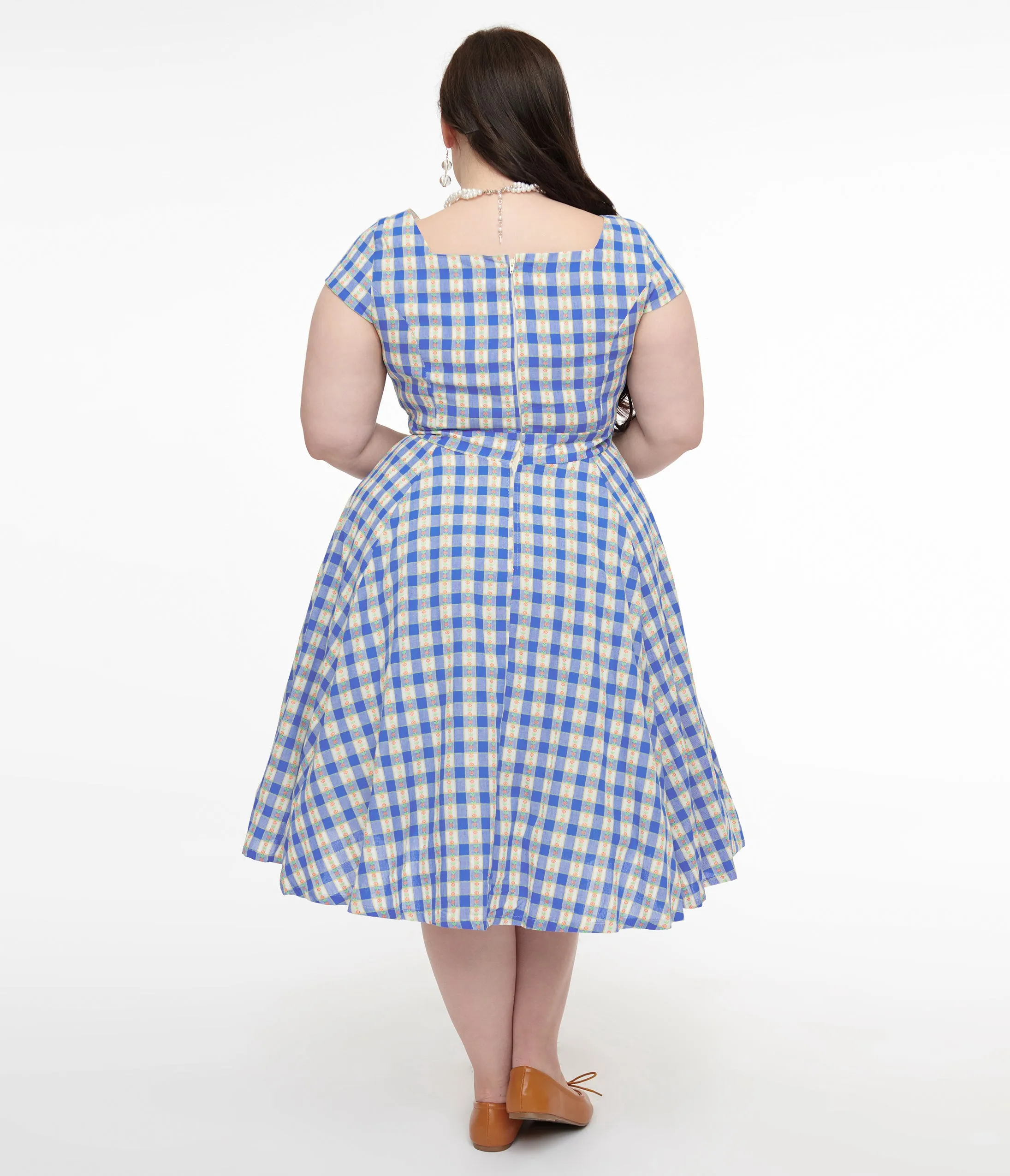 Magnolia Place Plus Size 1950s Blue Floral Gingham Anna Swing Dress Casual Everyday Look