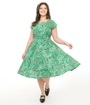 Magnolia Place Plus Size 1950s Green Bandana Print Anna Cotton Swing Dress Casual Everyday Look