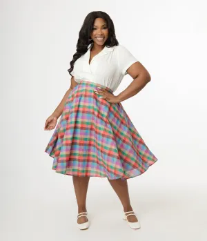Magnolia Place Plus Size 1950s Multicolor Madras Plaid Cotton Sally Swing Skirt Comfortable Travel Wear