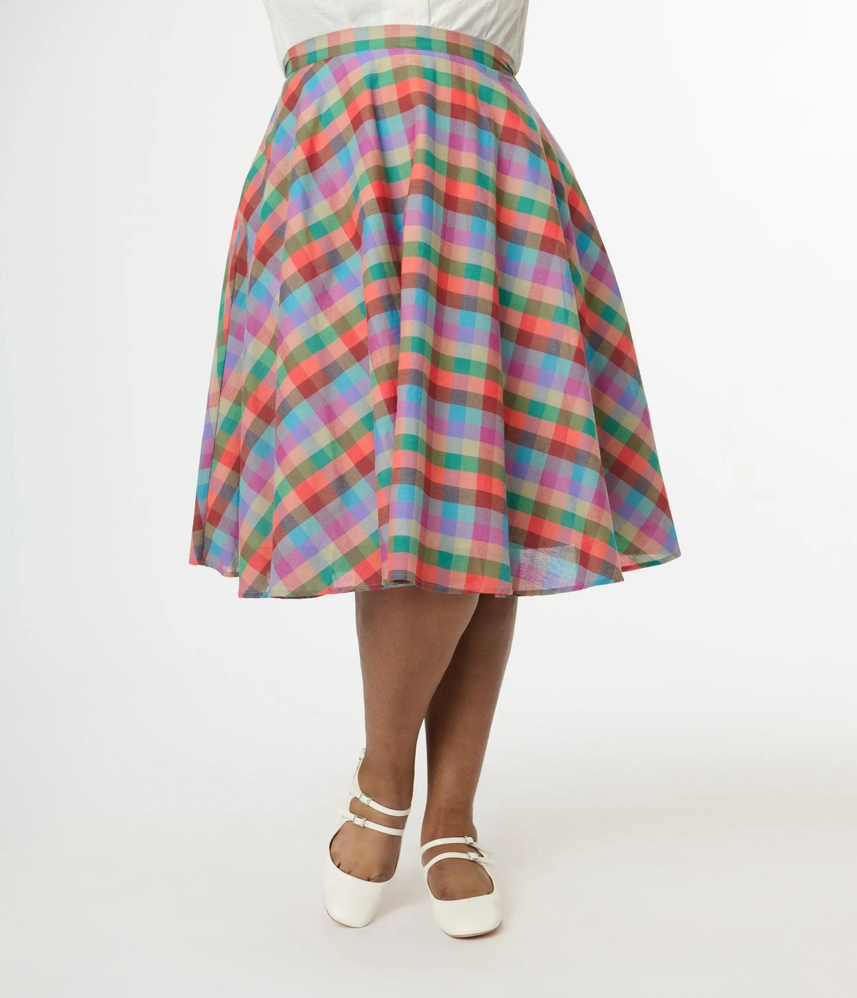 Magnolia Place Plus Size 1950s Multicolor Madras Plaid Cotton Sally Swing Skirt Comfortable Travel Wear