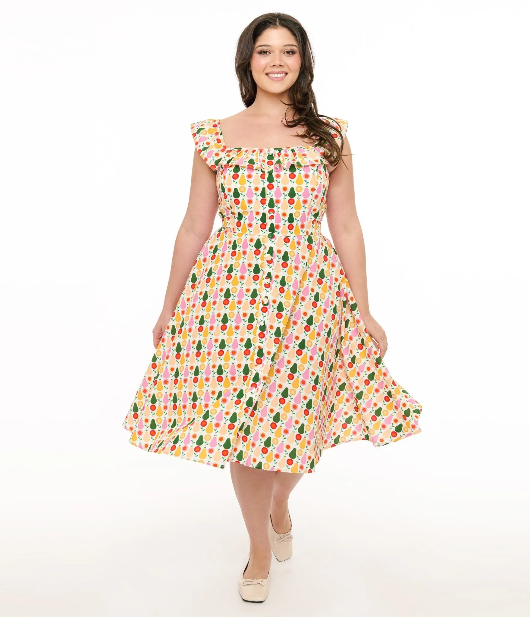 Magnolia Place Plus Size Multicolor Pear Print Cotton Barbara Swing Dress Casual Everyday Look