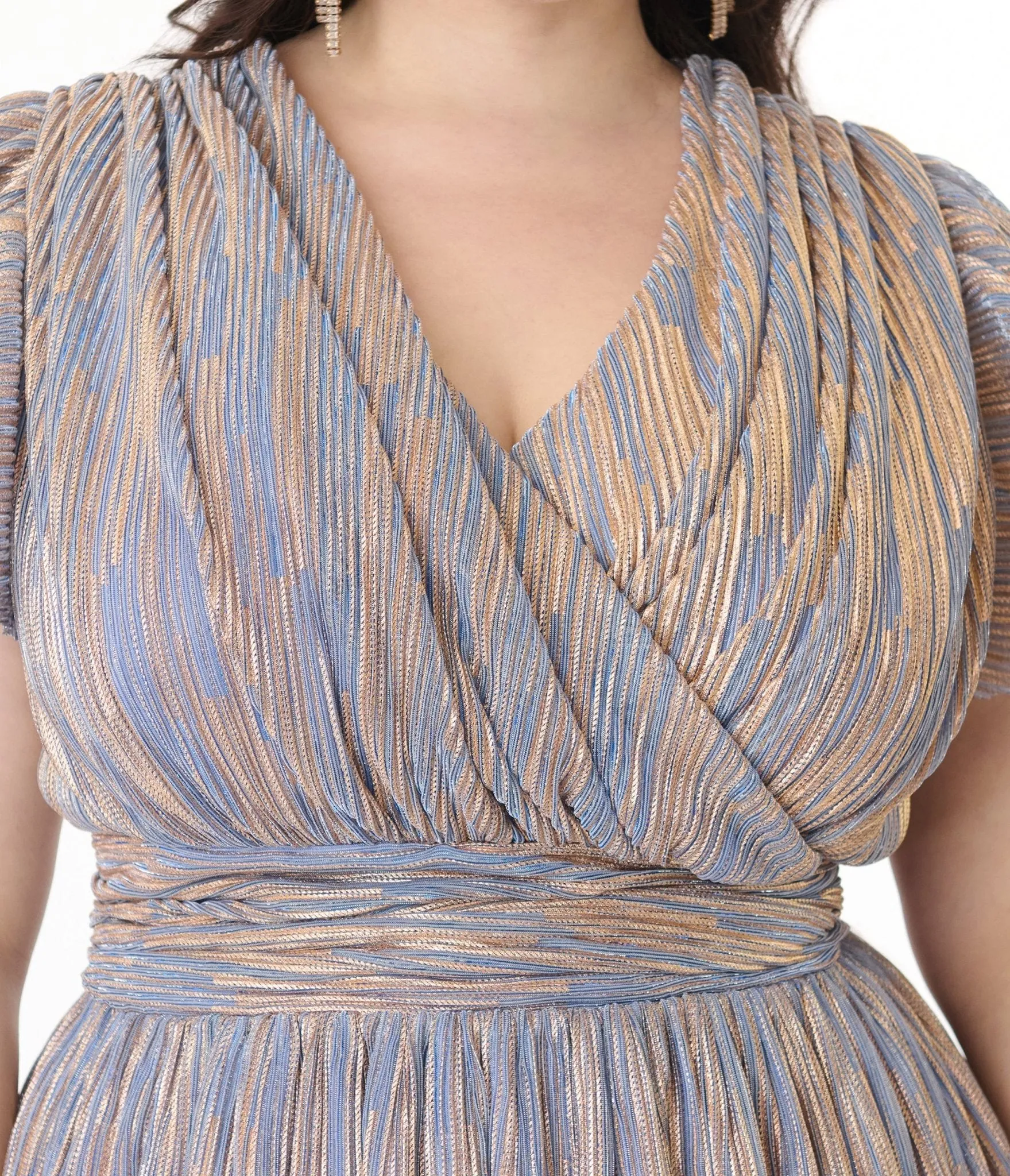 Magnolia Place Plus Size Periwinkle & Gold Flutter Sleeve Midori Swing Dress Casual Everyday Look