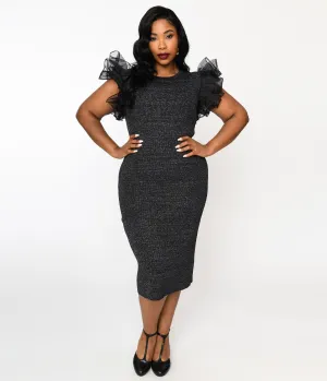 Metallic Black Ruffle Sleeved Knit Midi Wiggle Dress Casual Everyday Look