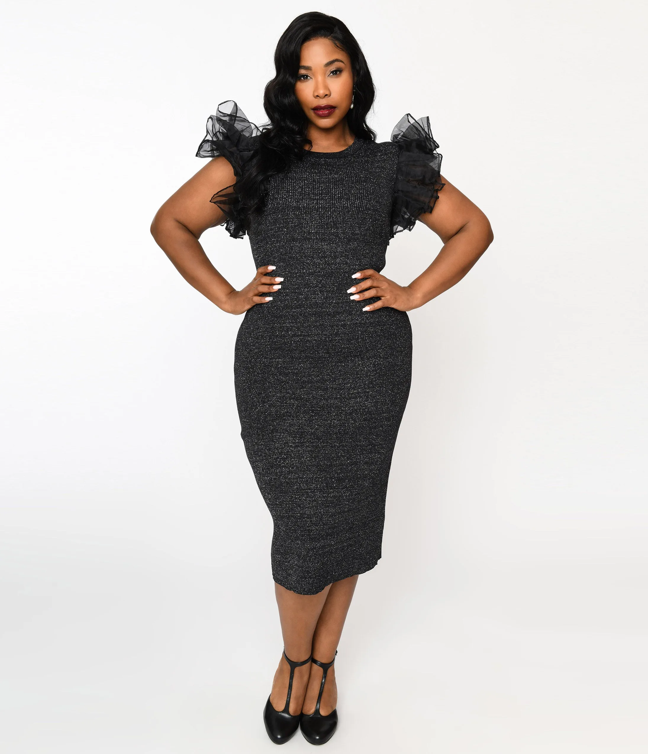 Metallic Black Ruffle Sleeved Knit Midi Wiggle Dress Casual Everyday Look
