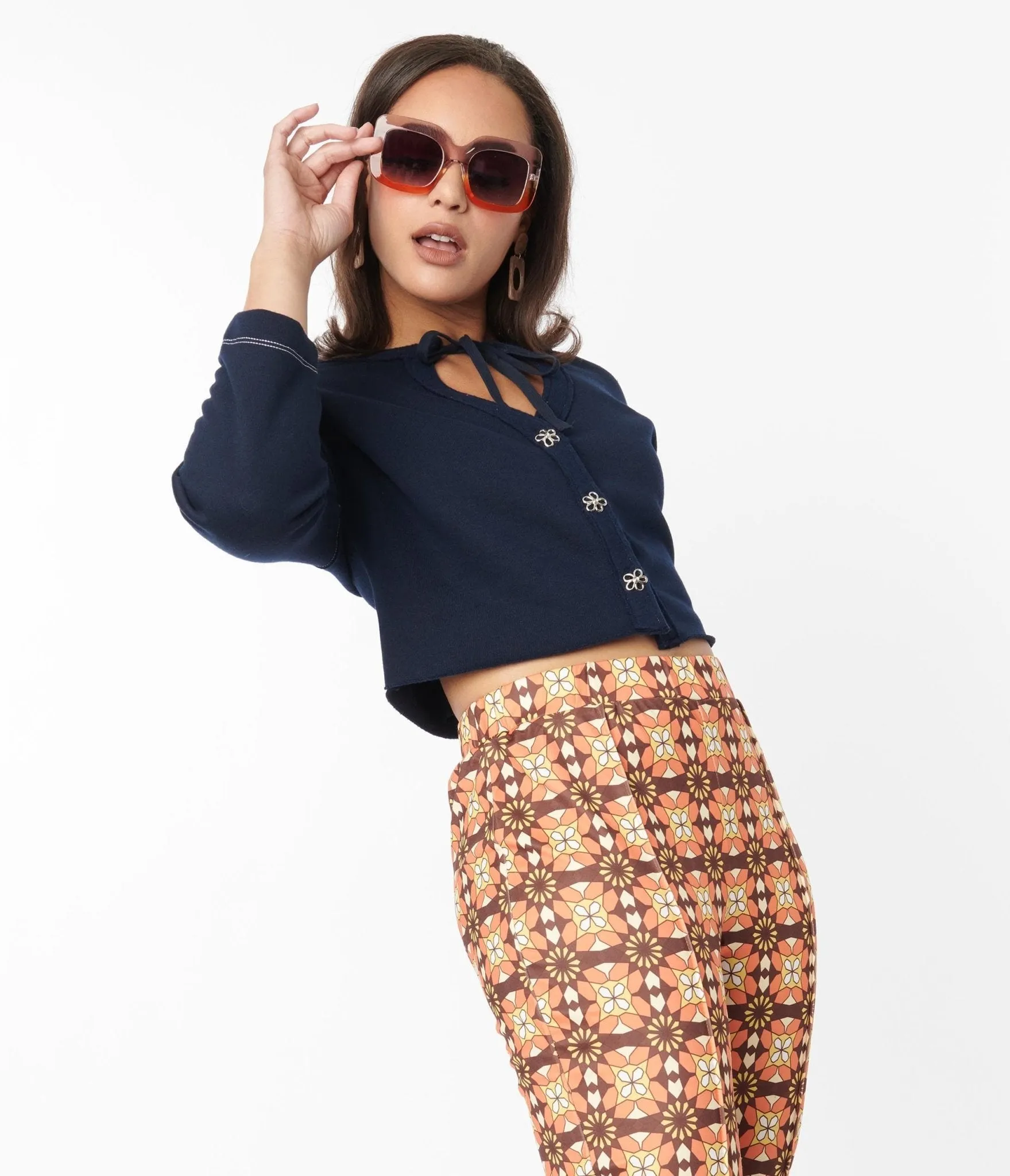 Navy Floral Button Cropped Petunia Cardigan Easy Date Night