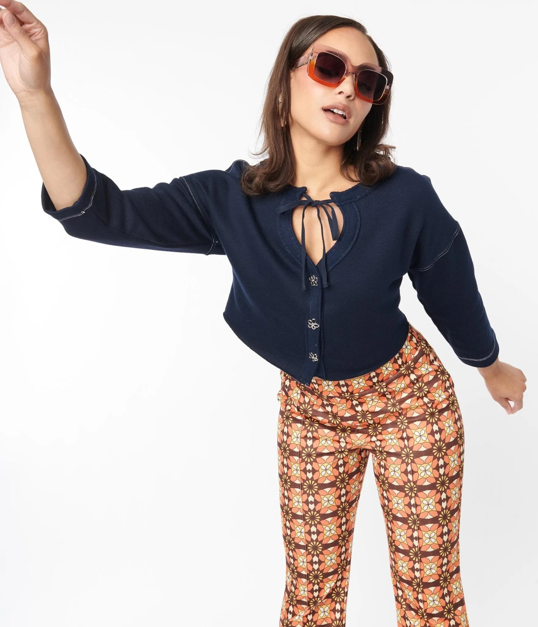 Navy Floral Button Cropped Petunia Cardigan Easy Date Night