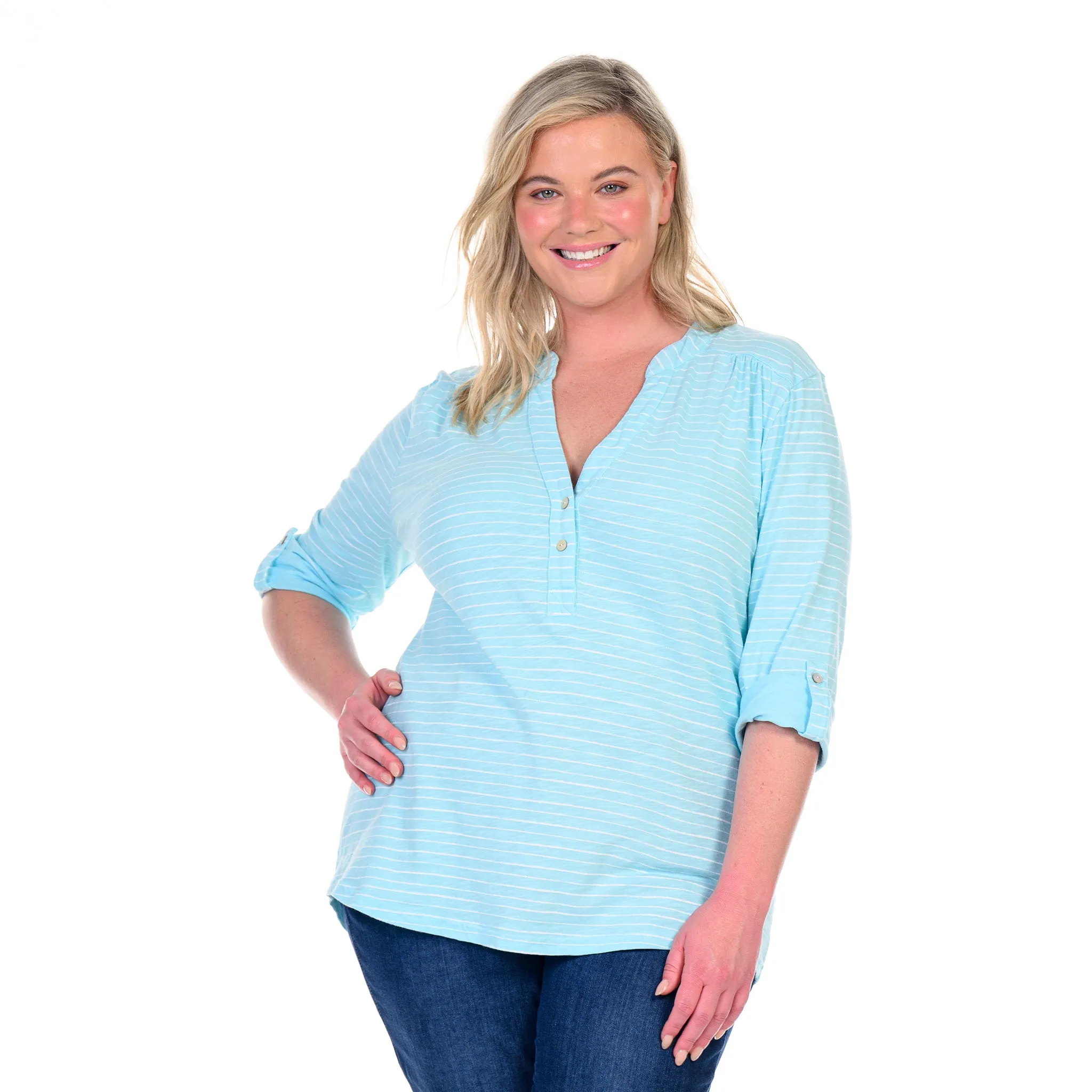 Ocean Stripe Buttonside Henley | Plus Size Weekend Relaxed Look
