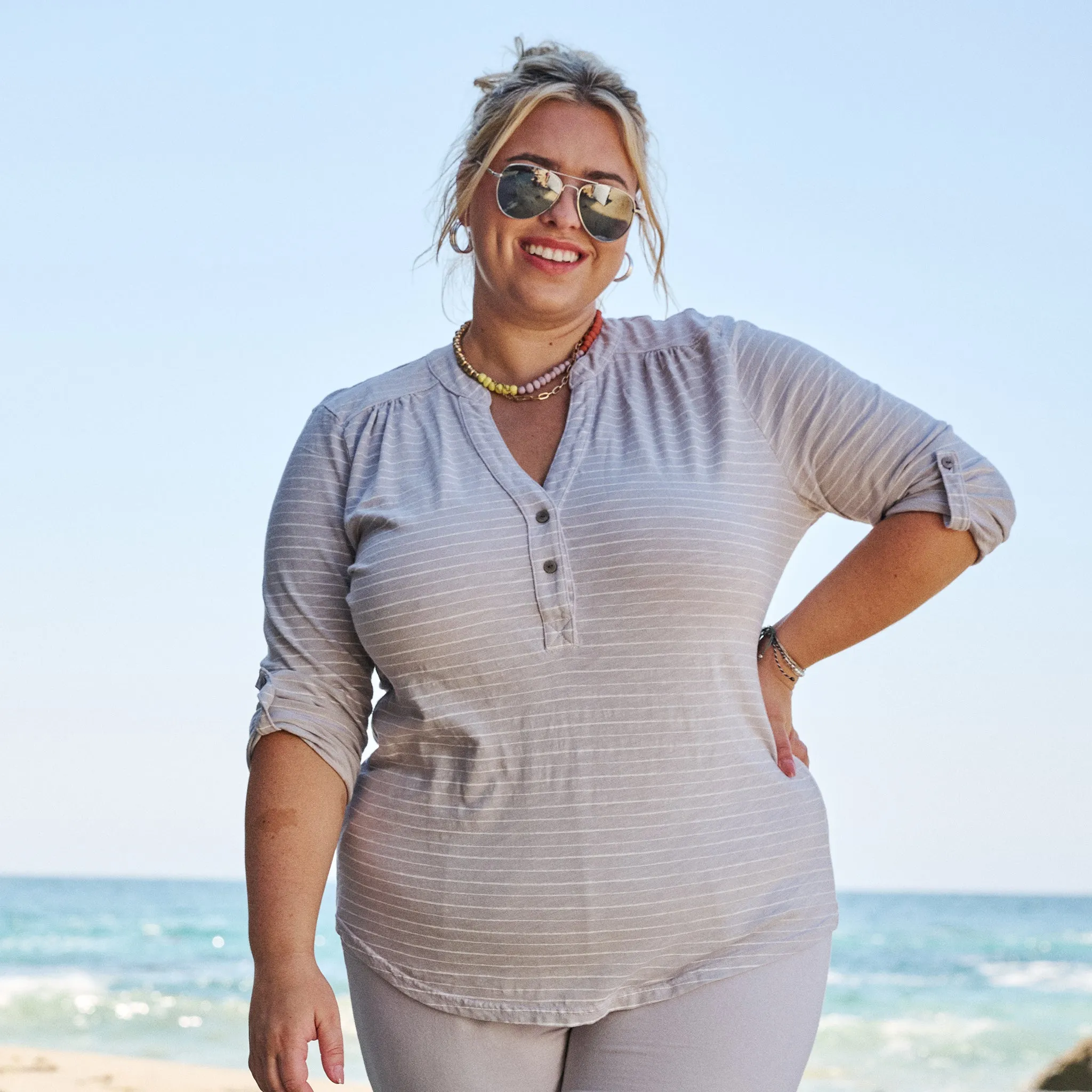 Ocean Stripe Buttonside Henley | Plus Size Weekend Relaxed Look