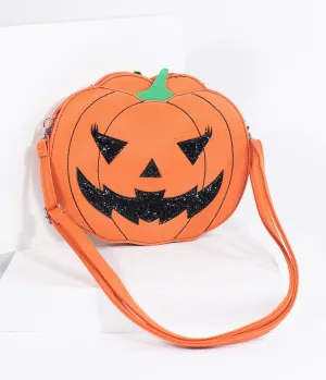 Orange Leatherette Pumpkin Jack O Lantern Crossbody Purse Fun Outing