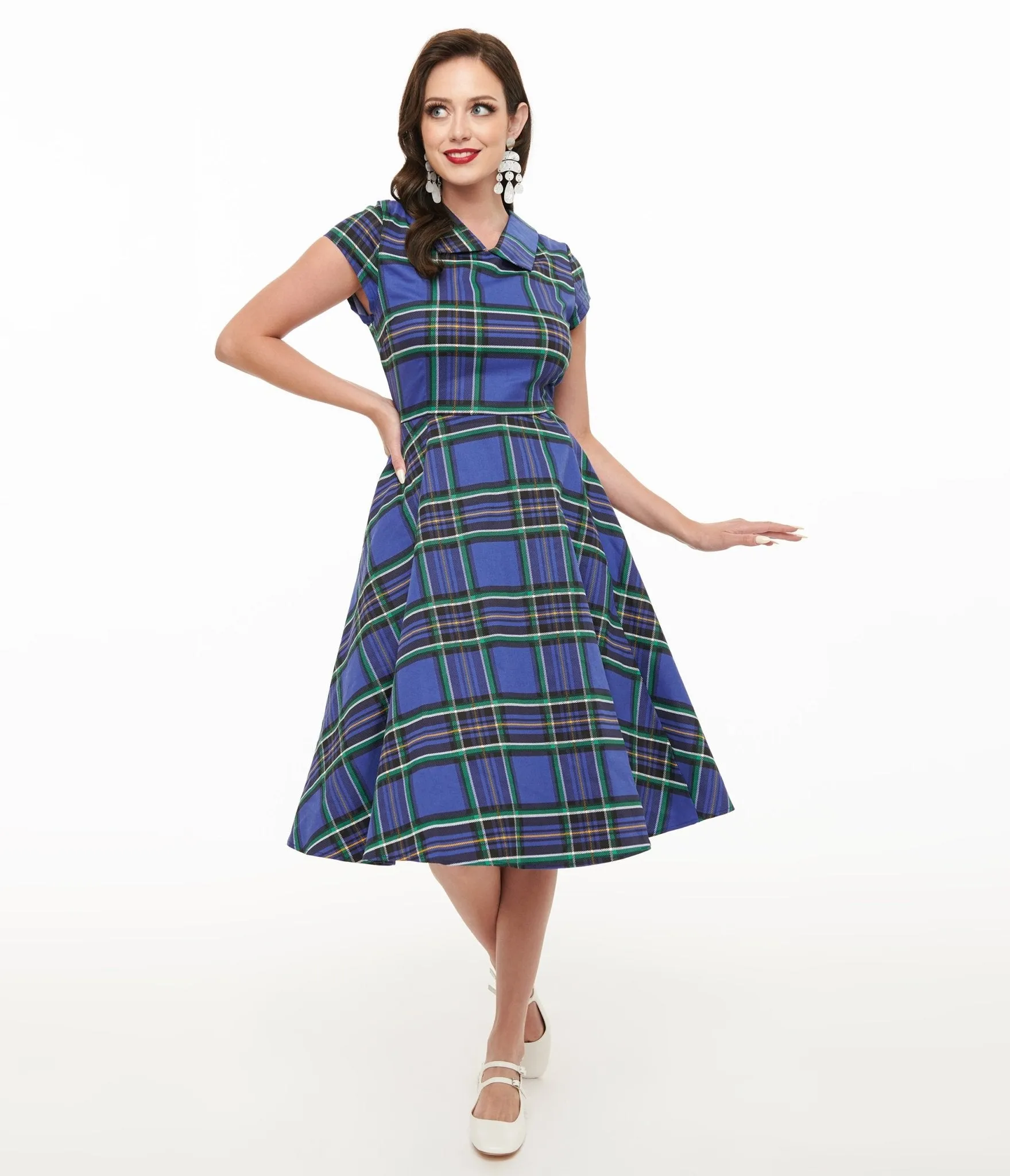 Orchid Bloom 1950s Blue Plaid Swing Dress Casual Everyday Look
