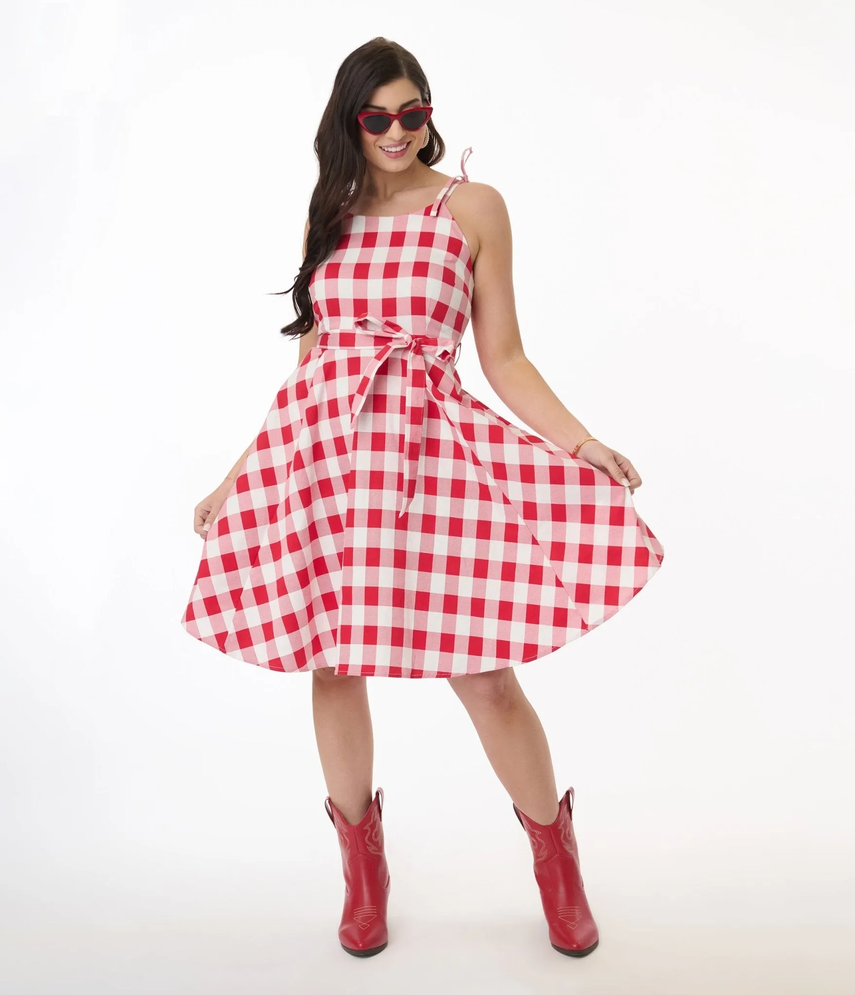 Orchid Bloom Red & White Plaid Picnic Swing Dress Casual Everyday Look