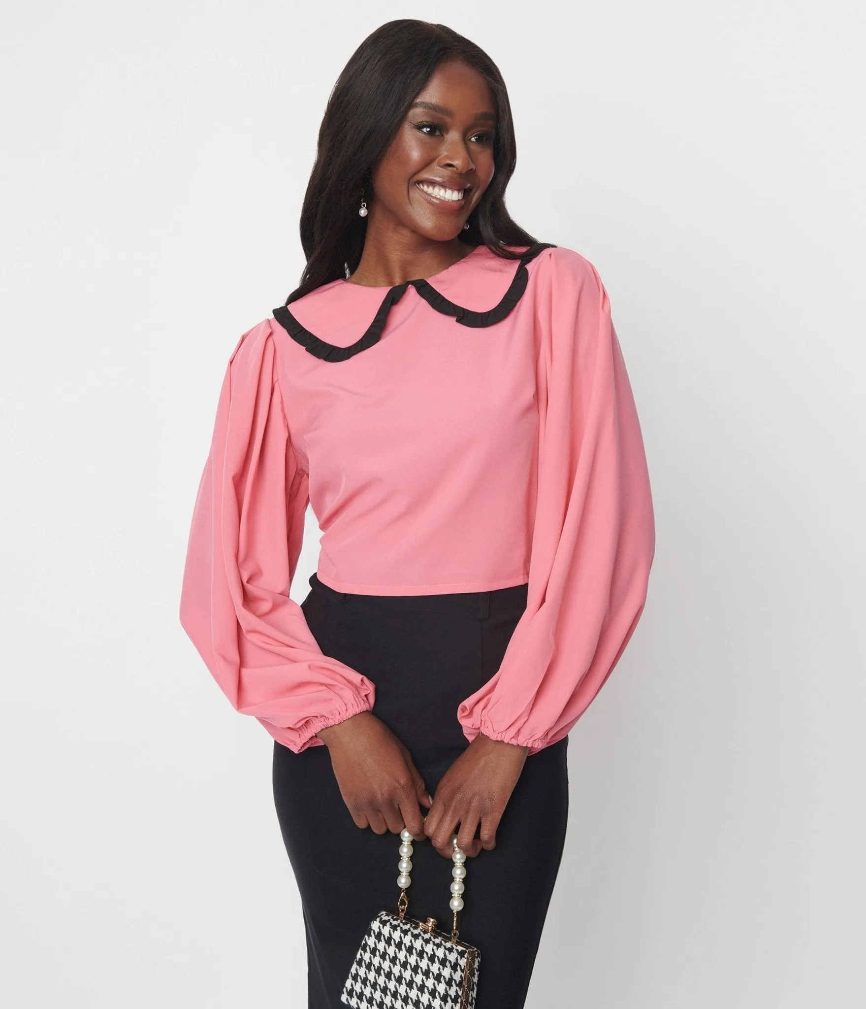 Pink & Black Ruffle Trim Long Sleeve Blouse Easy Date Night