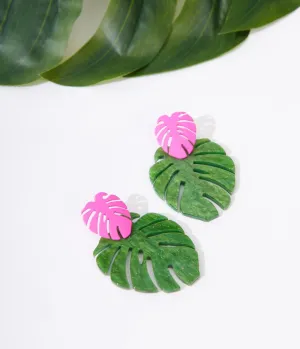 Pink & Green Monstera Leaf Earrings Everyday Chic