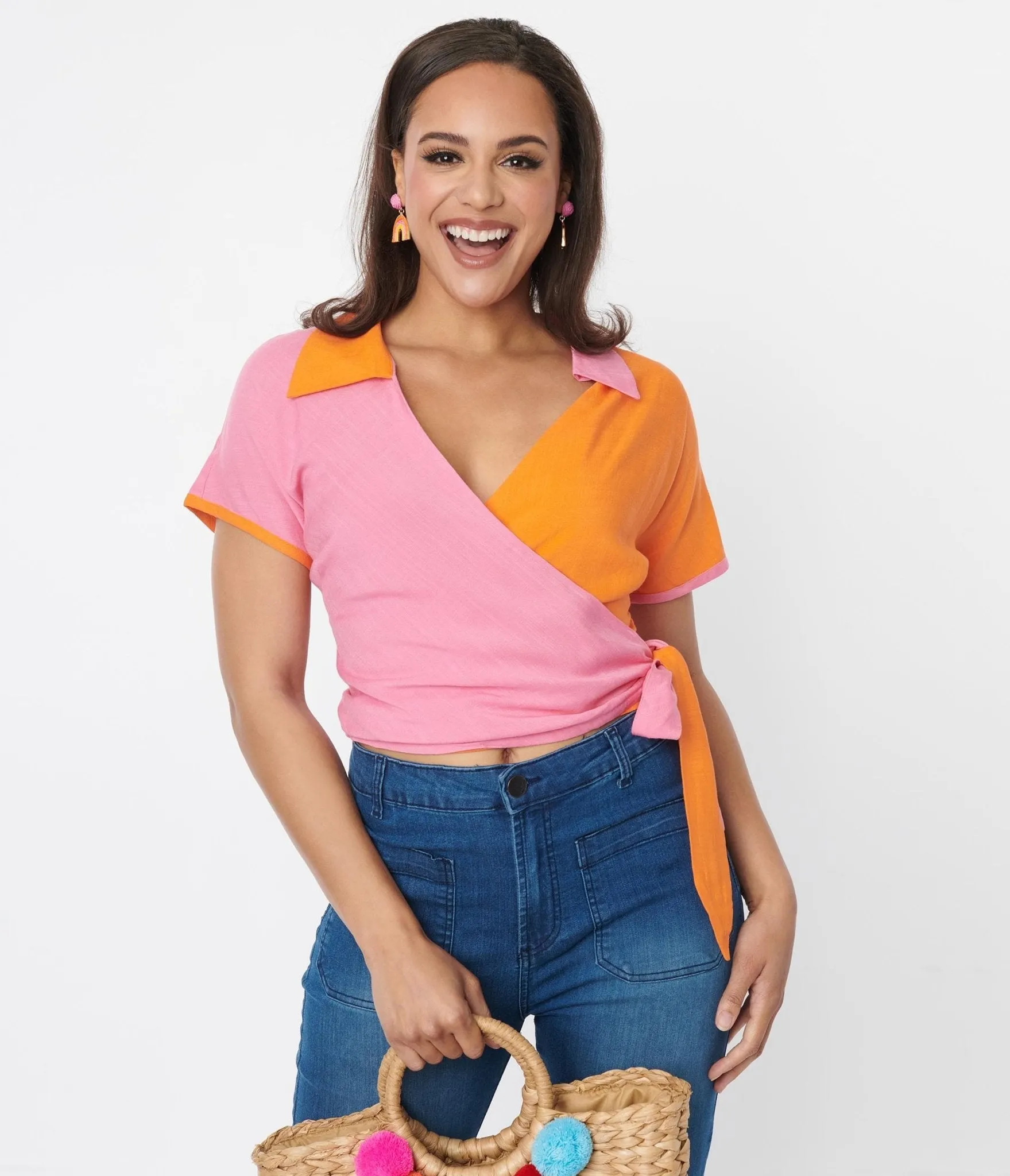 Pink & Orange Colorblock Surplice Wrap Top Easy Date Night