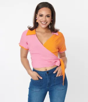 Pink & Orange Colorblock Surplice Wrap Top Easy Date Night
